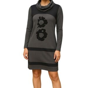 ALISON SHERI Sweater Dress Grey Black Velvet Flower Cowl Neck Long Sleeve Size S
